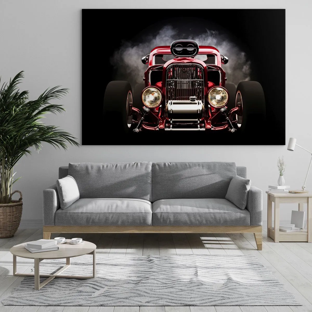 Quadro su vetro - Auto rossa rovente in un denso fumo - 70x50cm - Fast and furiously beautiful - Decorazione murale moderna per soggiorno e camera da letto ARTTOR