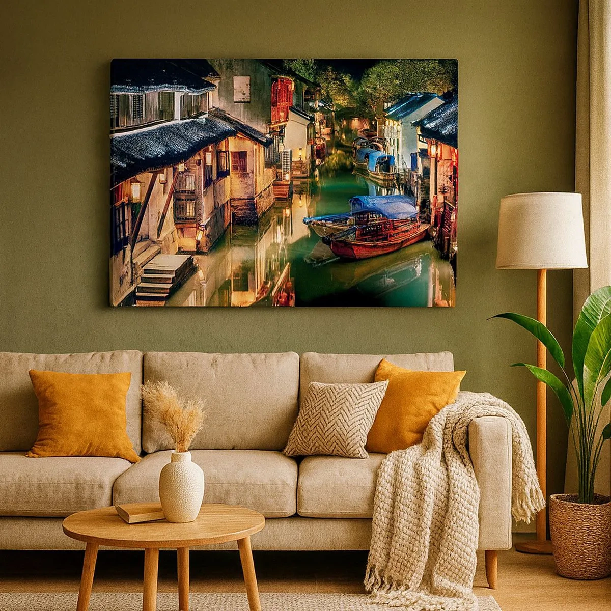 Quadro su tela - Stampe su Tela - Vista notturna dei canali con barche e case tradizionali - 70x50cm - Sera in una via cinese - Decorazione murale moderna per soggiorno e camera da letto ARTTOR