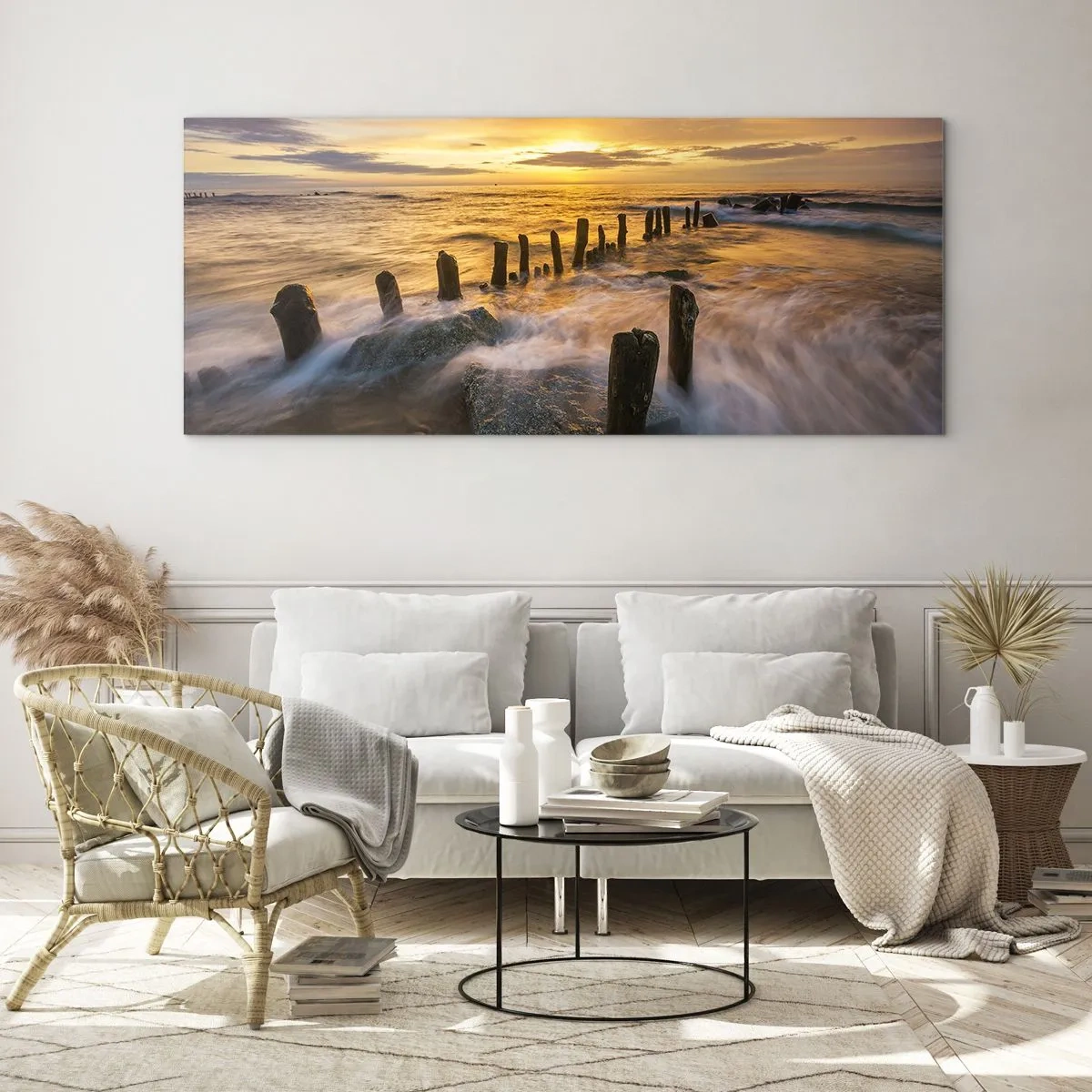 Quadro su vetro - Tramonto sul mare con i resti di un vecchio molo - 120x50cm - La bellezza selvatica del Baltico - Decorazione murale moderna per soggiorno e camera da letto ARTTOR