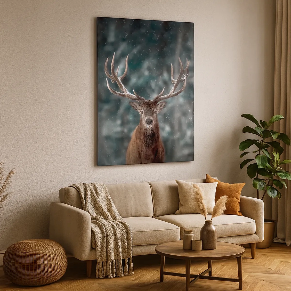 Quadro su tela - Stampe su Tela - Cervi in una foresta invernale con neve che cade - 50x70cm - Il re del bosco incoronato - Decorazione murale moderna per soggiorno e camera da letto ARTTOR