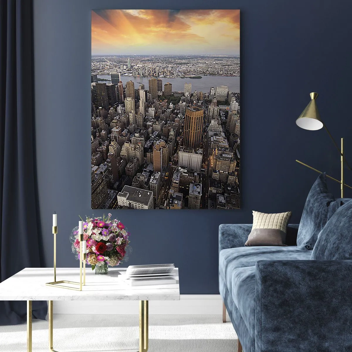 Quadro su vetro - Panorama della città con vista sui grattacieli al tramonto - 50x70cm - Il cuore pulsante dei nostri tempi - Decorazione murale moderna per soggiorno e camera da letto ARTTOR