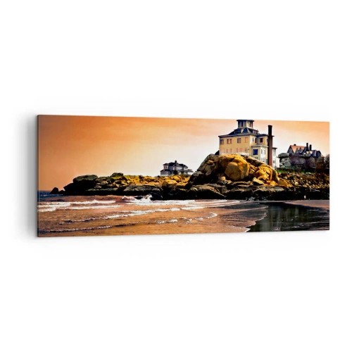 Quadro su tela - Stampe su Tela - Una casa su una roccia vicino alla spiaggia al tramonto con il suo riflesso nell'acqua - 140x50cm - L'eleganza della costa ovest - Decorazione murale moderna per soggiorno e camera da letto ARTTOR