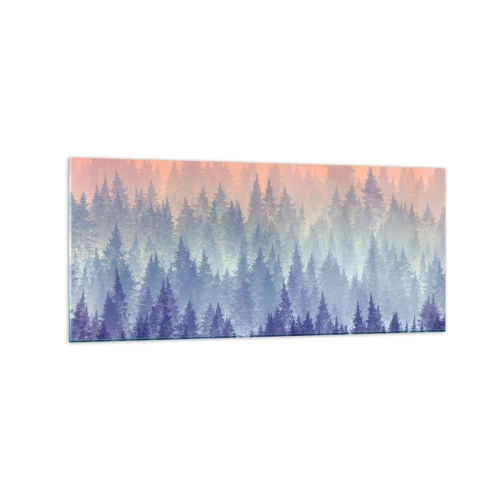 Quadro su vetro - Una foresta nebbiosa nei toni del viola e dell'arancione - 120x50cm - Alto, più in alto, fino al cielo - Decorazione murale moderna per soggiorno e camera da letto ARTTOR