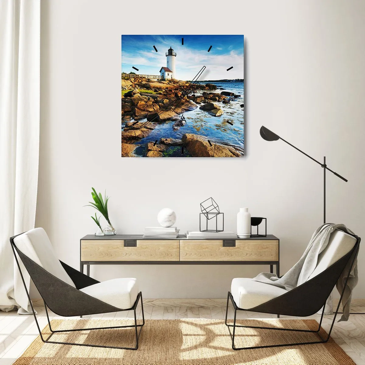 Orologio da parete - Orologio in Vetro - Un faro su una costa rocciosa in una giornata di sole - 30x30cm - Tornate sani e salvi, vi aspetto - Decorazione murale moderna per soggiorno e camera da letto ARTTOR