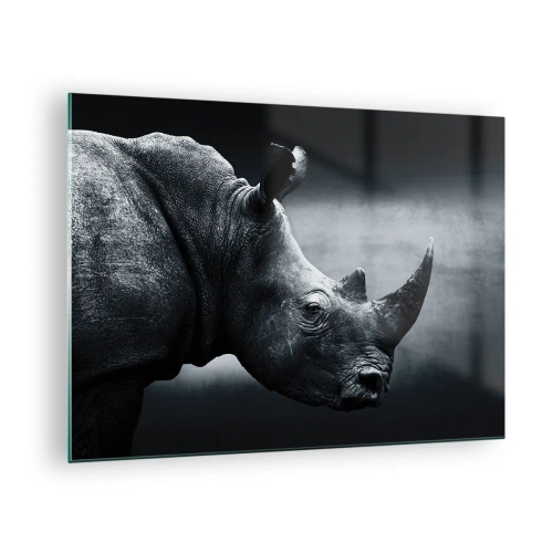 Quadro su vetro - Ripresa in bianco e nero di un rinoceronte - 70x50cm - Profilo destro - Decorazione murale moderna per soggiorno e camera da letto ARTTOR