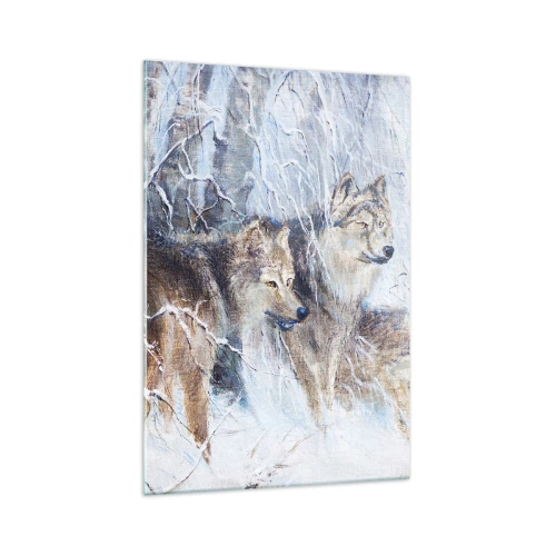 Quadro su vetro - Lupi in una foresta invernale contro uno sfondo innevato - 70x100cm - Attenzione! In arrivo... - Decorazione murale moderna per soggiorno e camera da letto ARTTOR