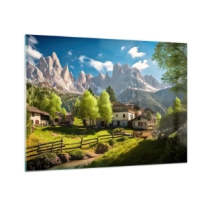 Quadro su vetro - Sviluppo rurale tra il verde ai piedi delle vette alpine - 70x50cm - Idillio alpino - Decorazione murale moderna per soggiorno e camera da letto ARTTOR
