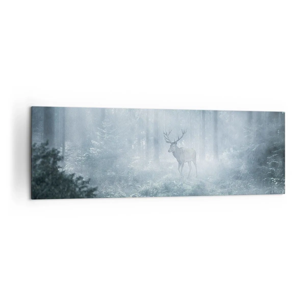 Quadro su tela - Stampe su Tela - Un cervo in una fitta foresta avvolto nella nebbia mattutina - 160x50cm - Passeggiata mattutina sulle sue terre - Decorazione murale moderna per soggiorno e camera da letto ARTTOR