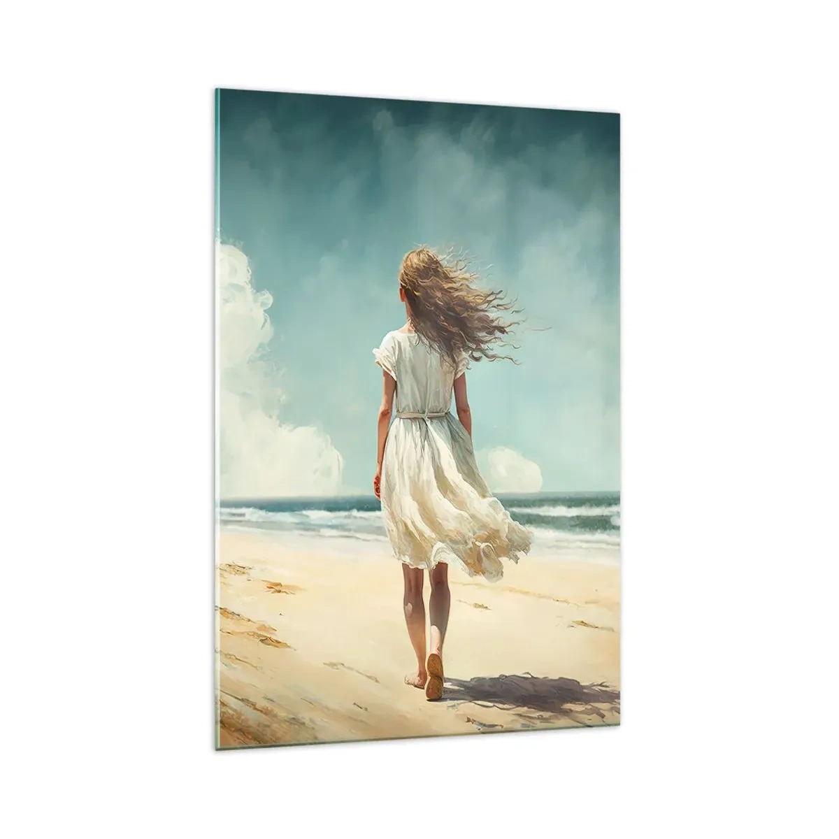 Quadro su vetro - Una donna in abito bianco che cammina sulla spiaggia in una giornata di sole - 70x100cm - Dove sole e vento si incontrano - Decorazione murale moderna per soggiorno e camera da letto ARTTOR