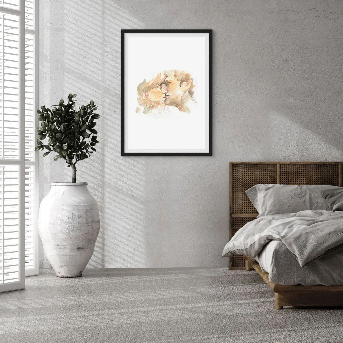 Poster in cornice nera - Un delicato ritratto ad acquerello di una coppia che si bacia teneramente. - 50x70cm - Sarà l'anima gemella? - Decorazione murale moderna per soggiorno e camera da letto ARTTOR