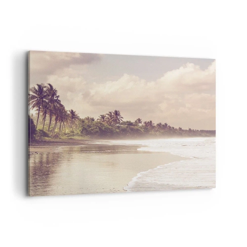 Quadro su tela - Stampe su Tela - Una spiaggia con palme e onde dolci al mattino - 120x80cm - La carezza delle onde - Decorazione murale moderna per soggiorno e camera da letto ARTTOR