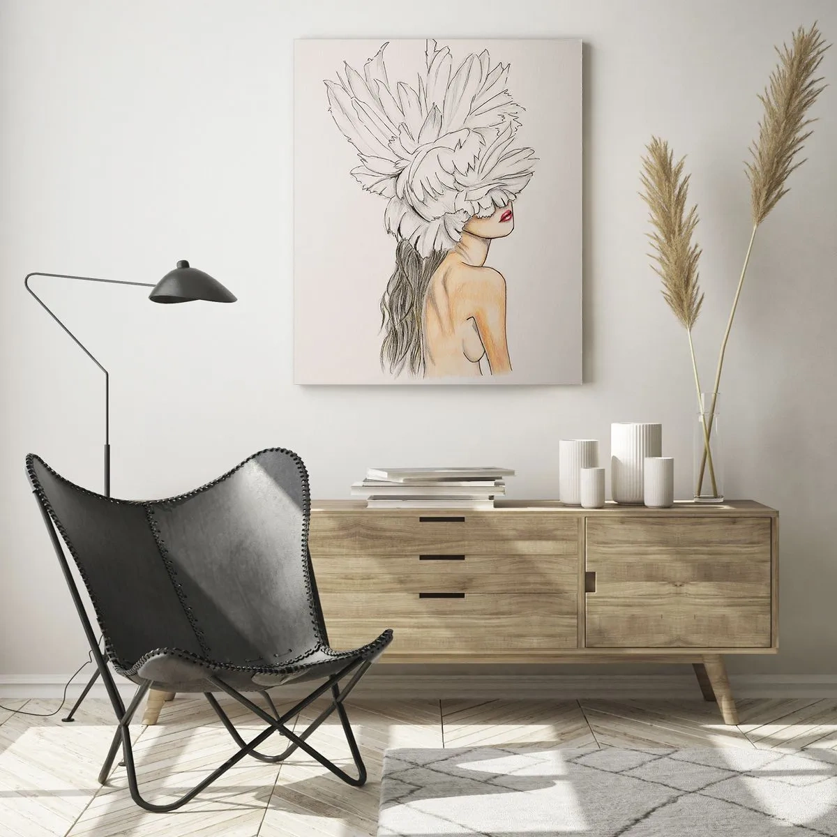 Quadro su vetro - Un disegno di una donna con i capelli lunghi e una corona di grandi piume - 50x70cm - Bellezza coronata - Decorazione murale moderna per soggiorno e camera da letto ARTTOR