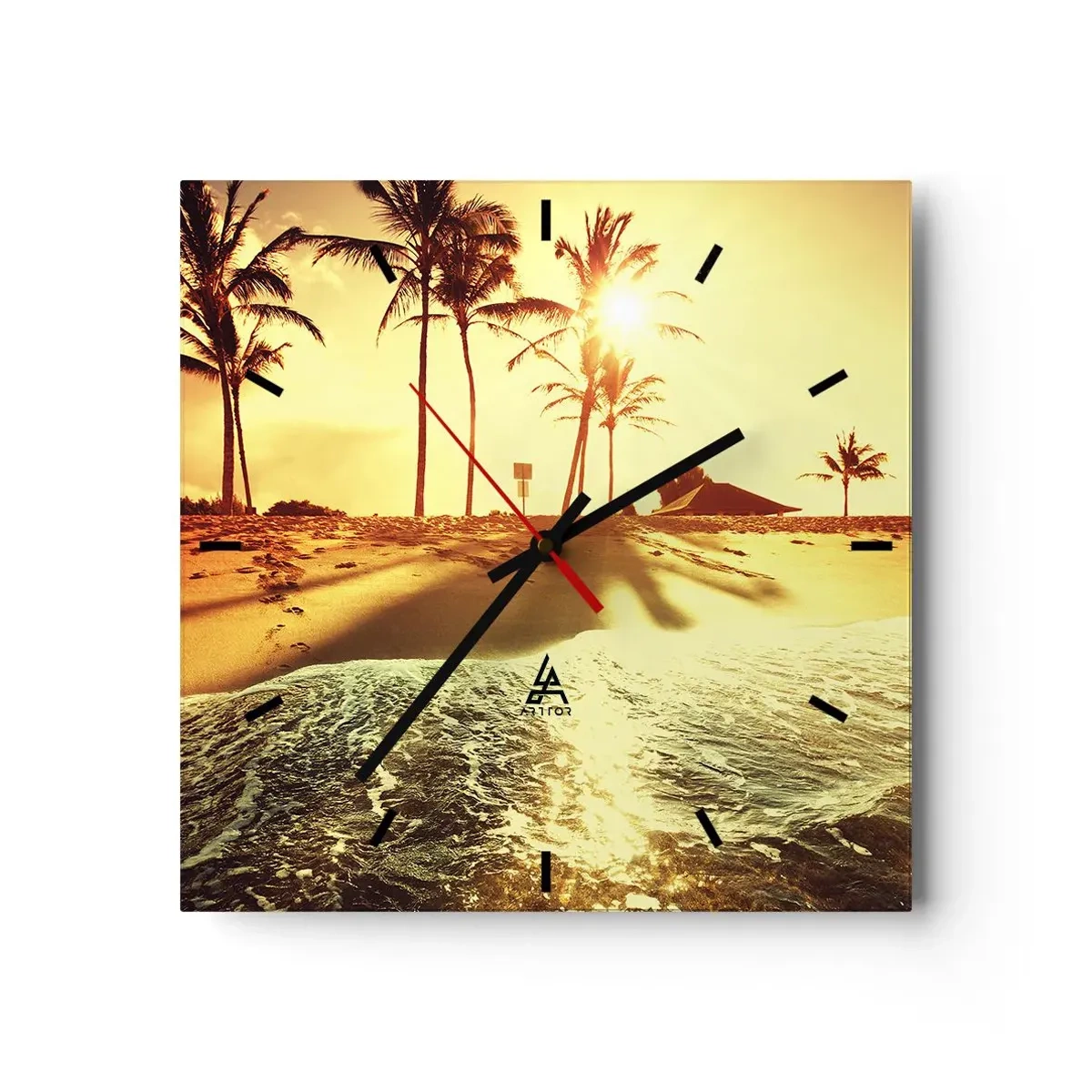 Orologio da parete - Orologio in Vetro - Una spiaggia con palme illuminata da un caldo tramonto - 30x30cm - Pomeriggio in California - Decorazione murale moderna per soggiorno e camera da letto ARTTOR