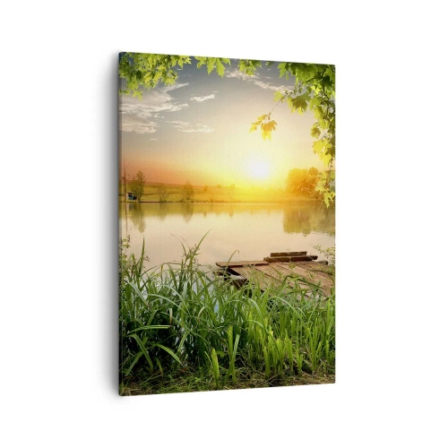 Quadro su tela - Stampe su Tela - Paesaggio verde con un lago al tramonto - 50x70cm - Paesaggio incorniciato di verde - Decorazione murale moderna per soggiorno e camera da letto ARTTOR