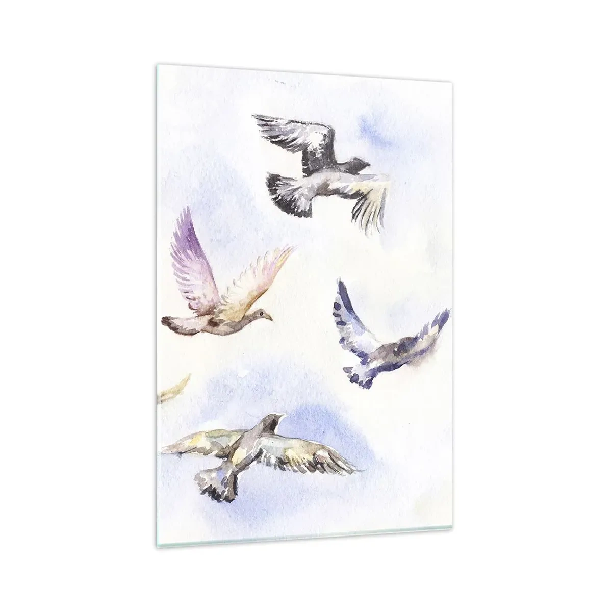 Quadro su vetro - Uccelli acquerellati in volo contro un cielo delicato - 80x120cm - Libertà in grigio e blu - Decorazione murale moderna per soggiorno e camera da letto ARTTOR
