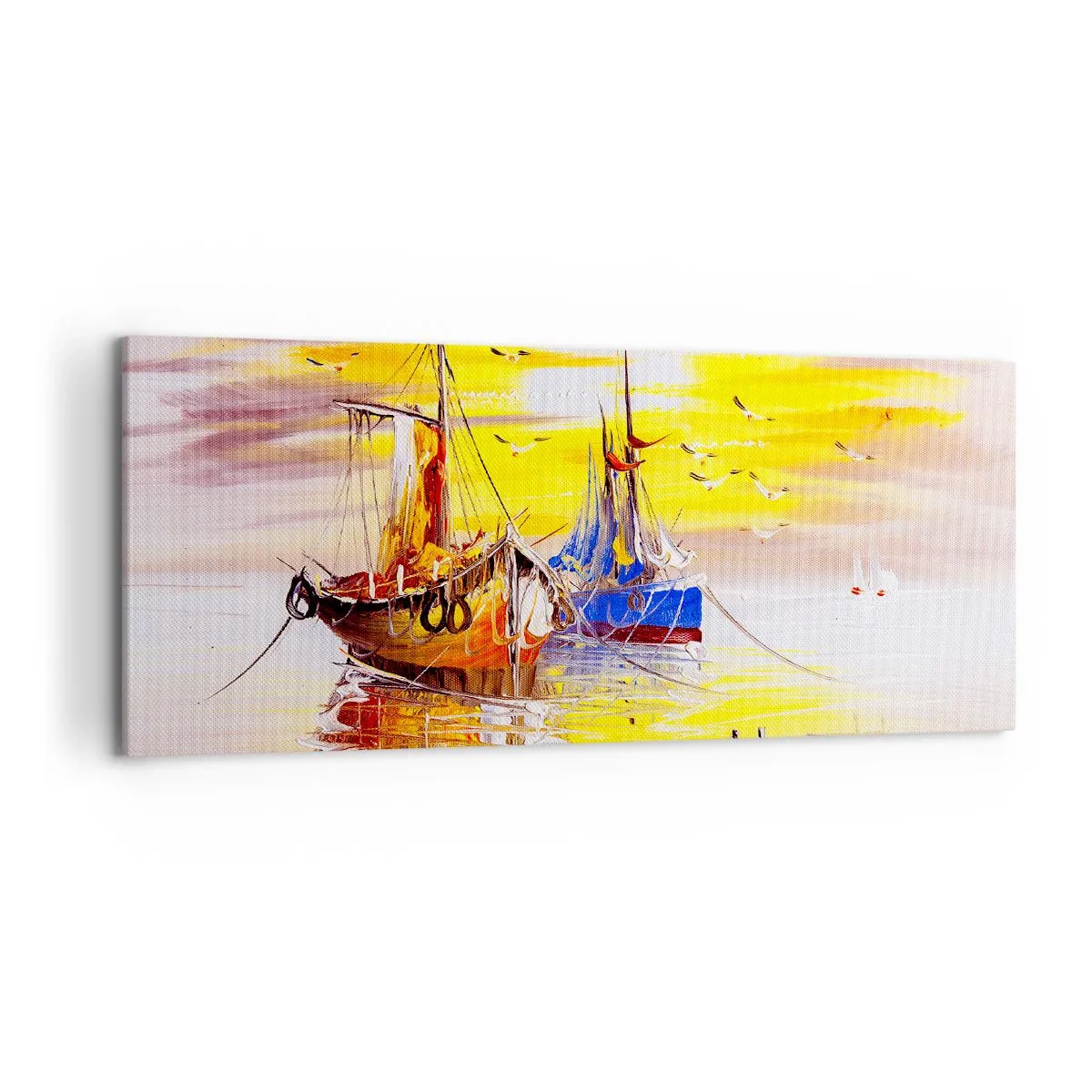 Quadro su tela - Stampe su Tela - Una scena pittorica di barche su un mare calmo - 120x50cm - Meritato riposo nel porto - Decorazione murale moderna per soggiorno e camera da letto ARTTOR
