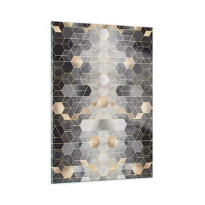 Quadro su vetro - Motivo geometrico di esagoni in linee dorate - 50x70cm - Composizione di diamante - Decorazione murale moderna per soggiorno e camera da letto ARTTOR
