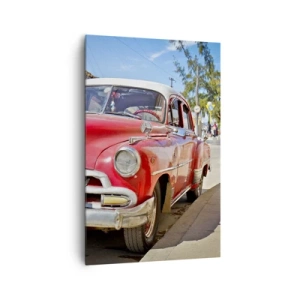 Quadro su tela - Stampe su Tela - Un'auto classica rossa parcheggiata sulla strada in una giornata di sole - 80x120cm - Ancora solamente a Cuba - Decorazione murale moderna per soggiorno e camera da letto ARTTOR