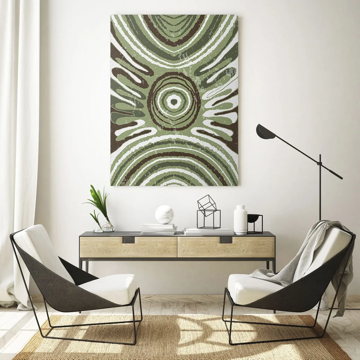 Quadro su vetro - Cerchi concentrici verdi e linee astratte - 50x70cm - Esplosione di emozioni - Decorazione murale moderna per soggiorno e camera da letto ARTTOR