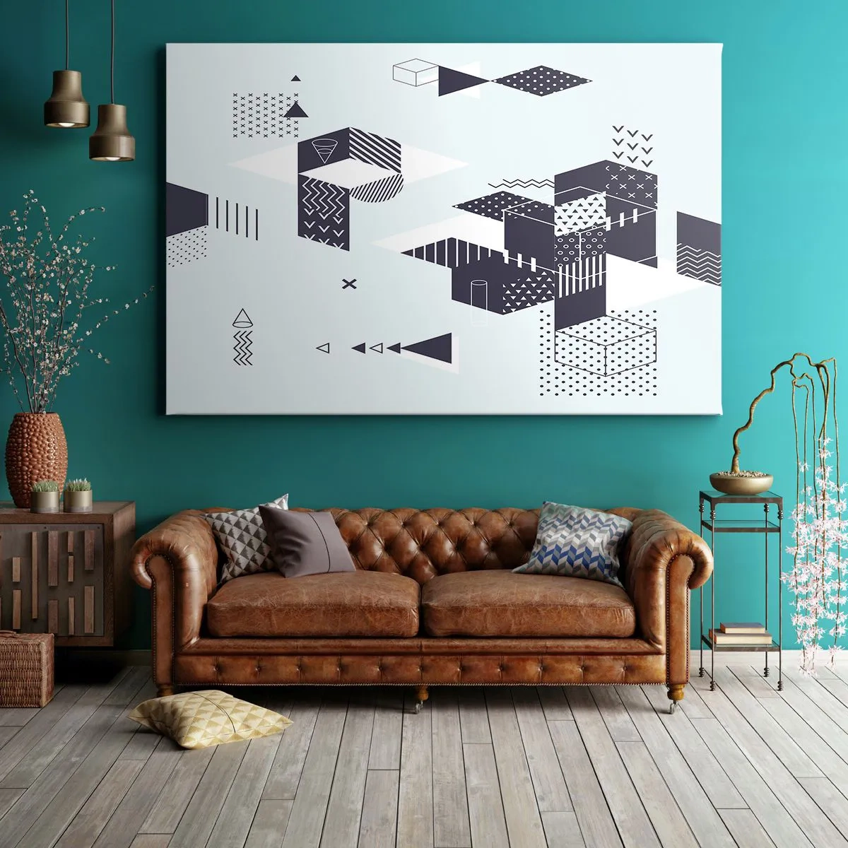 Quadro su tela - Stampe su Tela - Grafica geometrica moderna nei toni del bianco e del blu navy - 100x70cm - La matematica nell'anima - Decorazione murale moderna per soggiorno e camera da letto ARTTOR