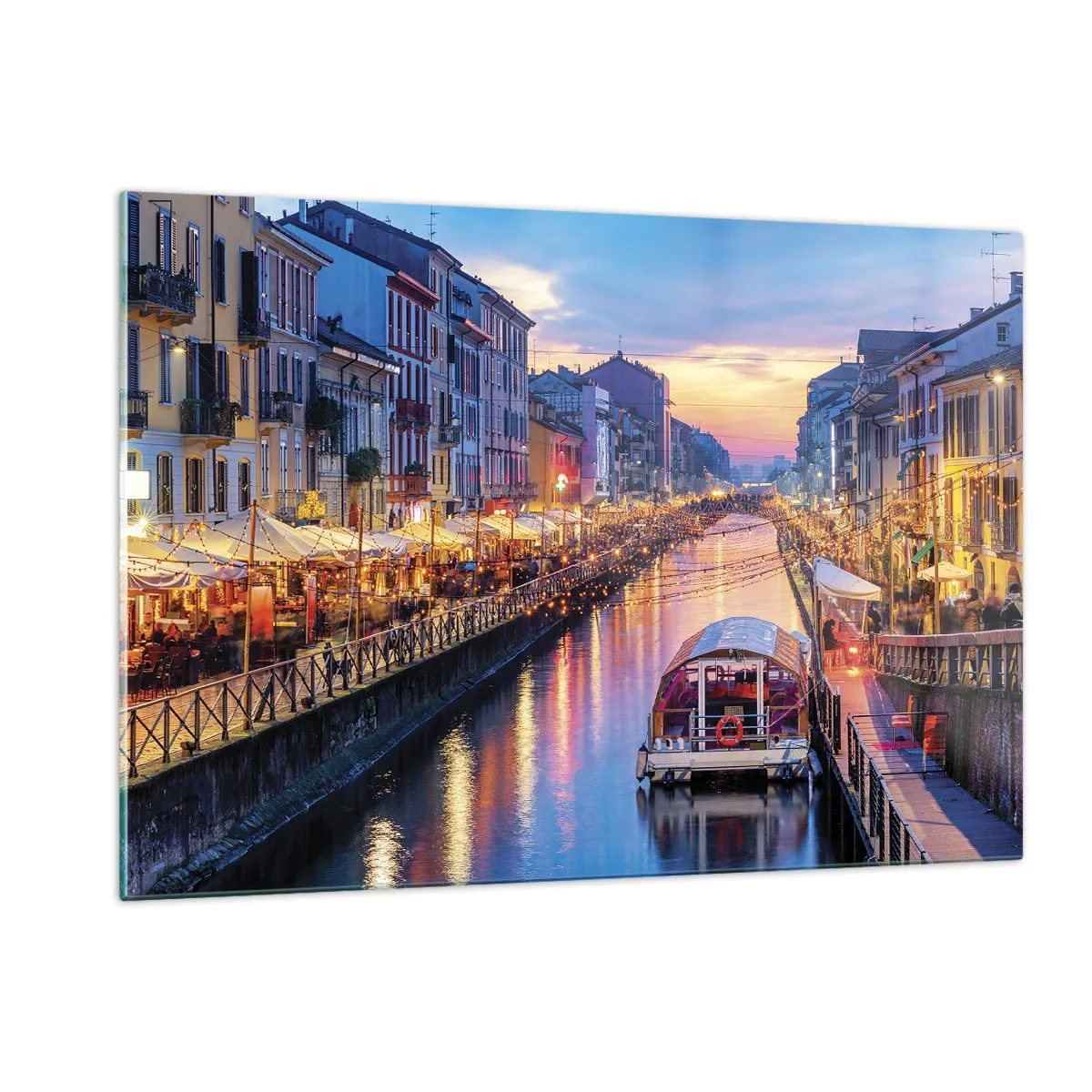 Quadro su vetro - Vista serale del canale illuminato con barche e caffè - 120x80cm - Sera di luce e di divertimento - Decorazione murale moderna per soggiorno e camera da letto ARTTOR