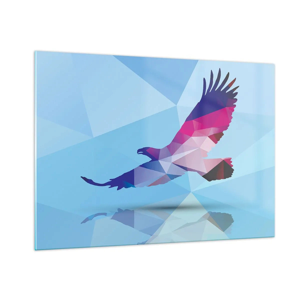 Quadro su vetro - Aquila geometrica su sfondo blu - 100x70cm - L'aquila nel cristallo lilla - Decorazione murale moderna per soggiorno e camera da letto ARTTOR