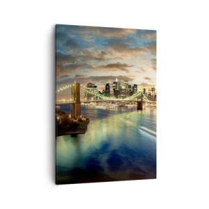 Quadro su tela - Stampe su Tela - Un ponte illuminato con la città sullo sfondo, con luci riflesse nell'acqua. - 50x70cm - Il cielo luminoso sopra Manhattan - Decorazione murale moderna per soggiorno e camera da letto ARTTOR