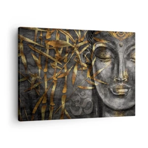 Quadro su tela - Stampe su Tela - Immagine del Buddha Zen con bambù dorati - 70x50cm - Senti la pace - Decorazione murale moderna per soggiorno e camera da letto ARTTOR
