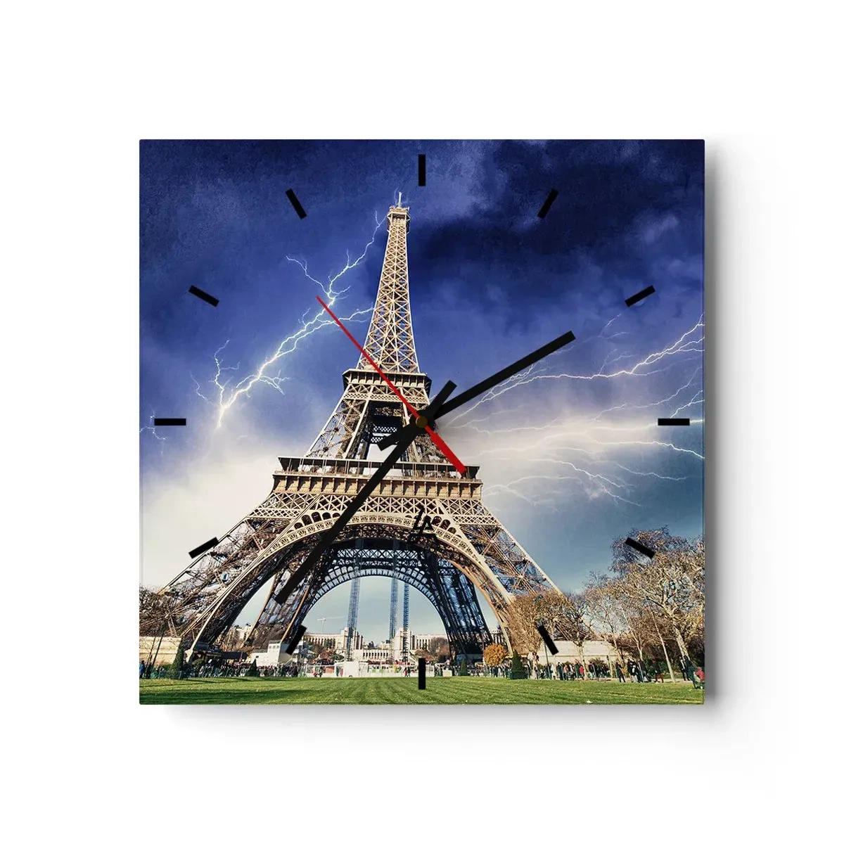 Orologio da parete - Orologio in Vetro - La Torre Eiffel con un cielo tempestoso e fulmini sullo sfondo - 30x30cm - La signora delle tempeste - Decorazione murale moderna per soggiorno e camera da letto ARTTOR