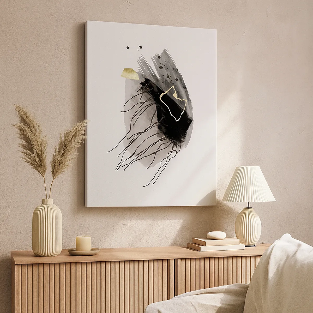 Quadro su tela - Stampe su Tela - Una composizione astratta con accenti di nero e oro. - 50x70cm - In nero e in oro - Decorazione murale moderna per soggiorno e camera da letto ARTTOR