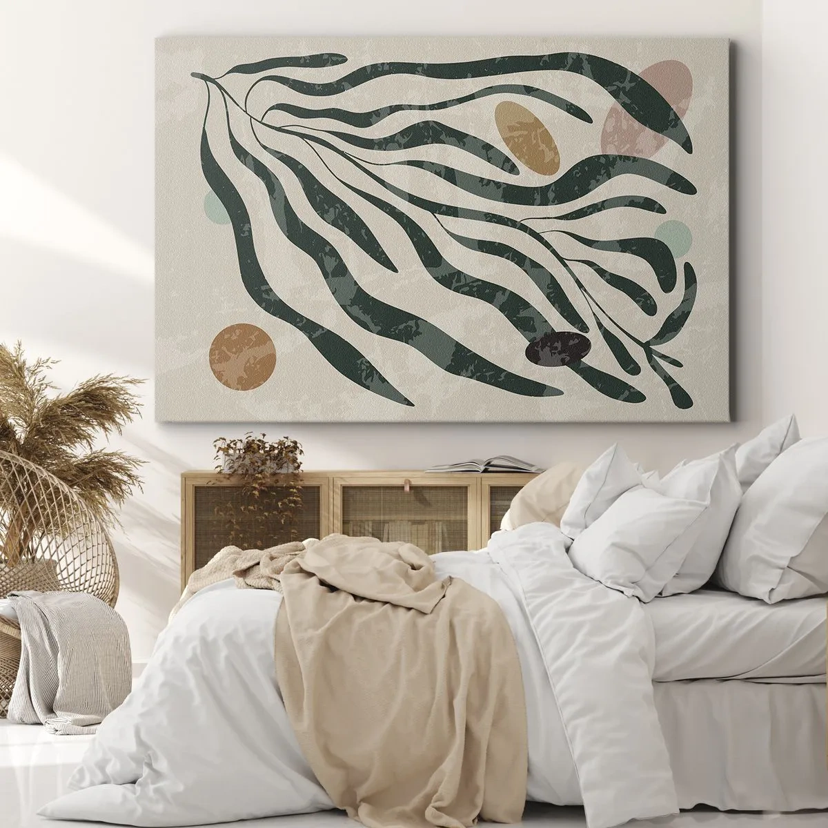 Quadro su tela - Stampe su Tela - Linee e forme organiche in verde e beige - 70x50cm - Tra il verde - Decorazione murale moderna per soggiorno e camera da letto ARTTOR