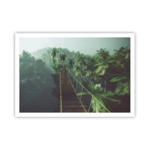Poster - Un ponte sospeso in una foresta tropicale circondato dalla nebbia. - 100x70cm - Nel vortice del verde - Decorazione murale moderna per soggiorno e camera da letto ARTTOR