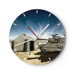 Orologio da parete - Orologio in Vetro - Un carro armato e una tenda contro un cielo blu - 30x30cm - Sogno militare - Decorazione murale moderna per soggiorno, cucina e camera da letto ARTTOR
