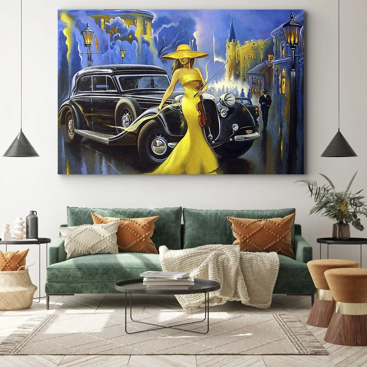Quadro su tela - Stampe su Tela - Una donna con un vestito giallo e un violino accanto a un'auto d'epoca. - 70x50cm - Notturno per violino e amore - Decorazione murale moderna per soggiorno e camera da letto ARTTOR