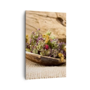 Quadro su tela - Stampe su Tela - Erbe essiccate in un cucchiaio di legno su uno sfondo di legno naturale - 80x120cm - Fiori colorati ed erbe odorose - Decorazione murale moderna per soggiorno e camera da letto ARTTOR