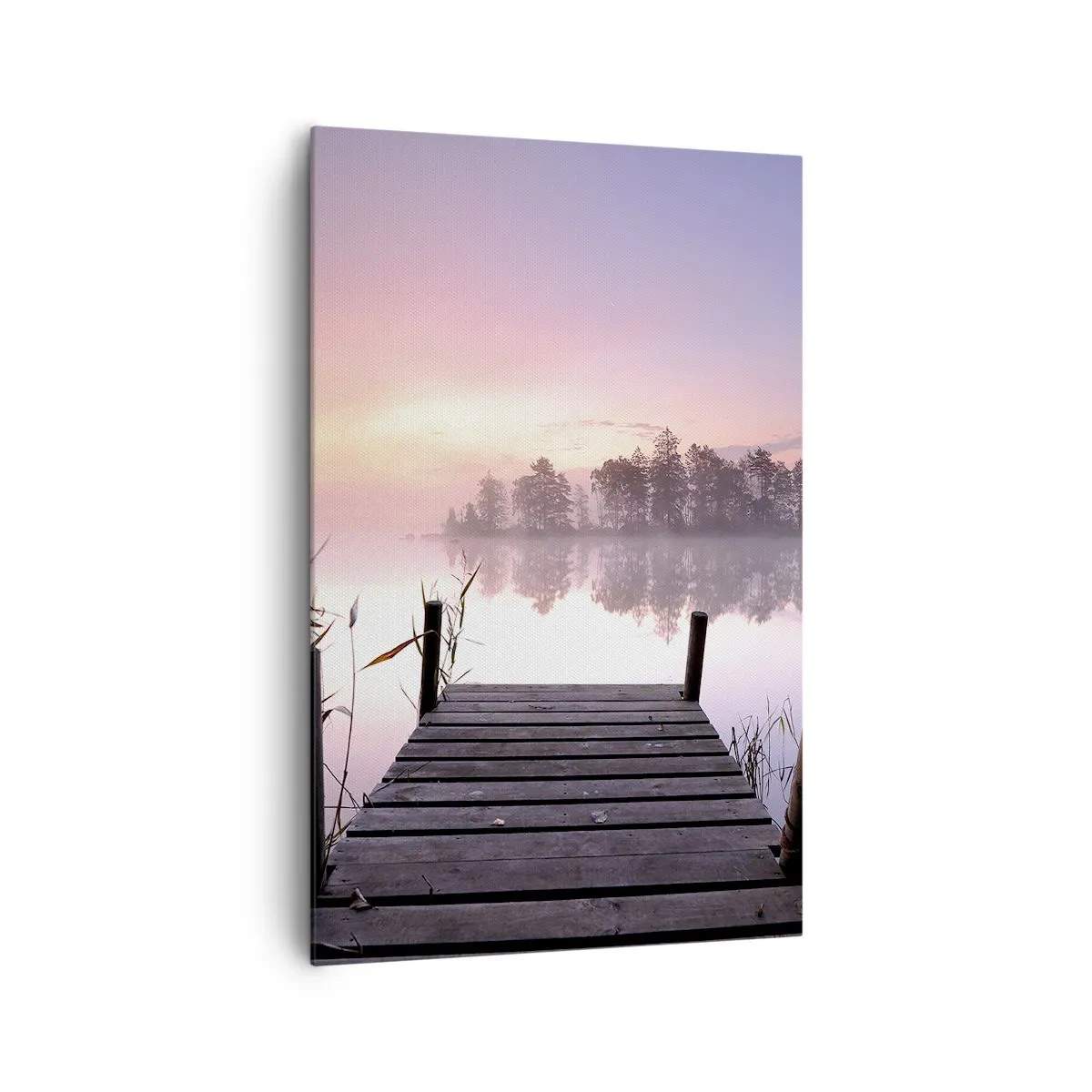 Quadro su tela - Stampe su Tela - Un molo sul lago all'alba con nebbia e un cielo pastello - 80x120cm - Nebbia color lilla - Decorazione murale moderna per soggiorno e camera da letto ARTTOR