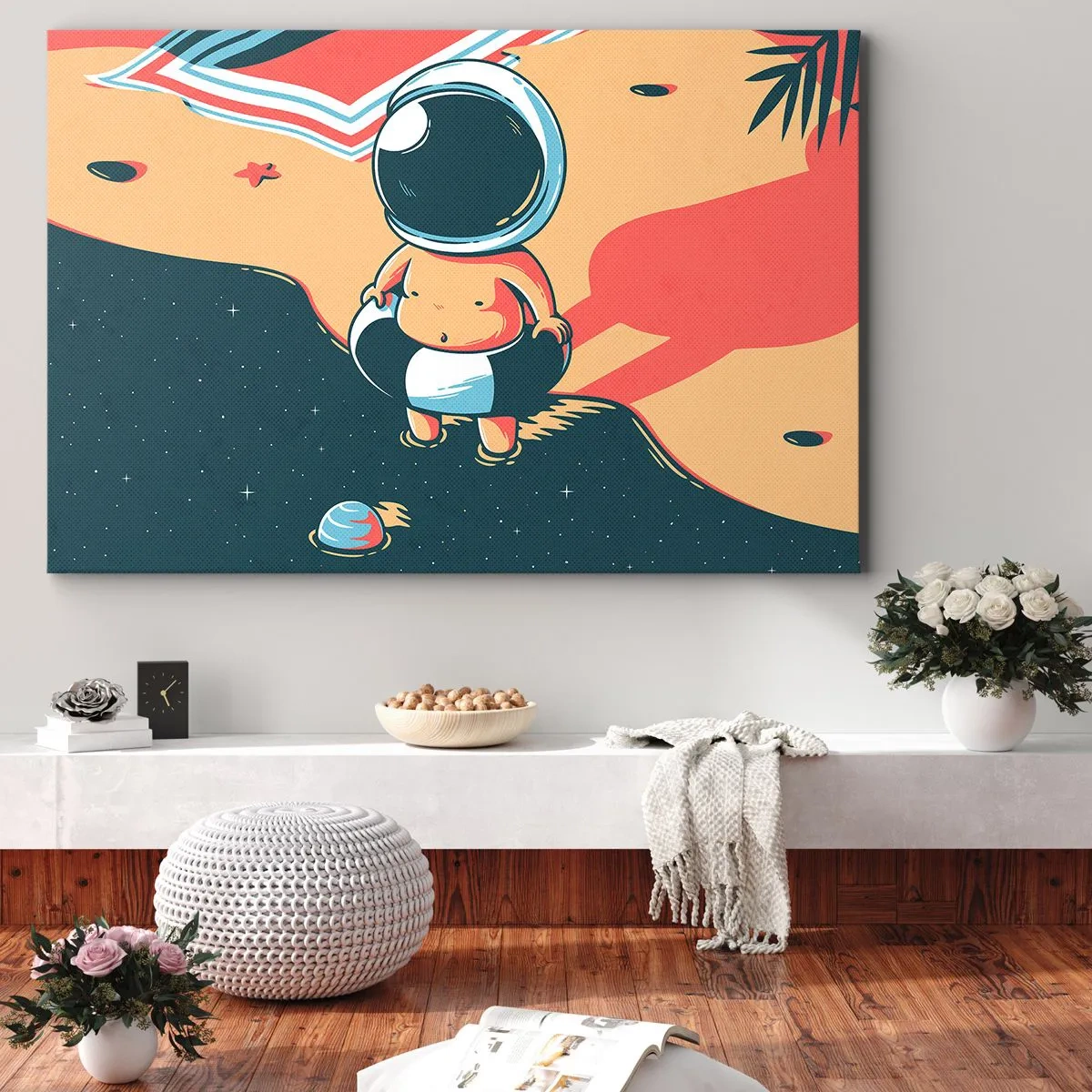 Quadro su tela - Stampe su Tela - Divertente astronauta sulla spiaggia con elementi spaziali sullo sfondo - 100x70cm - Da un'altra prospettiva - Decorazione murale moderna per soggiorno e camera da letto ARTTOR