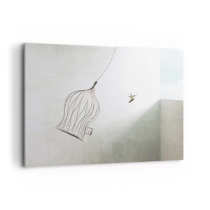 Quadro su tela - Stampe su Tela - Un uccello liberato da una gabbia sullo sfondo di un cielo luminoso - 100x70cm - Nel proprio elemento - Decorazione murale moderna per soggiorno e camera da letto ARTTOR
