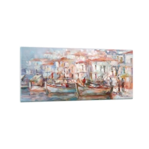 Quadro su vetro - Impressione del porto con barche ed edifici - 120x50cm - Vacanze in pastello - Decorazione murale moderna per soggiorno e camera da letto ARTTOR