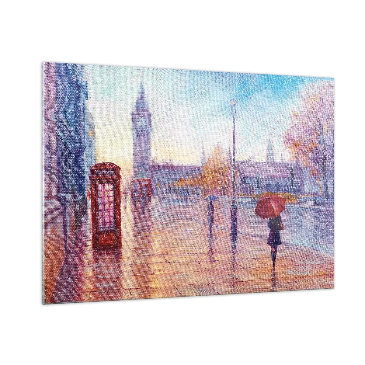 Quadro su vetro - Scena di Londra sotto la pioggia con il Big Ben e la scatola rossa - 100x70cm - Giorno d'autunno a Londra - Decorazione murale moderna per soggiorno e camera da letto ARTTOR