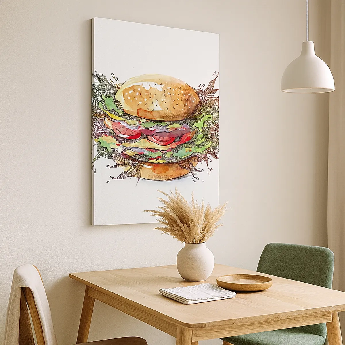 Quadro su tela - Stampe su Tela - Illustrazione artistica di un hamburger con elementi dinamici - 50x70cm - Una tentazione calda - Decorazione murale moderna per soggiorno e camera da letto ARTTOR