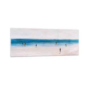 Quadro su vetro - Una spiaggia con persone sullo sfondo di un mare calmo - 140x50cm - Un bisogno naturale - Decorazione murale moderna per soggiorno e camera da letto ARTTOR