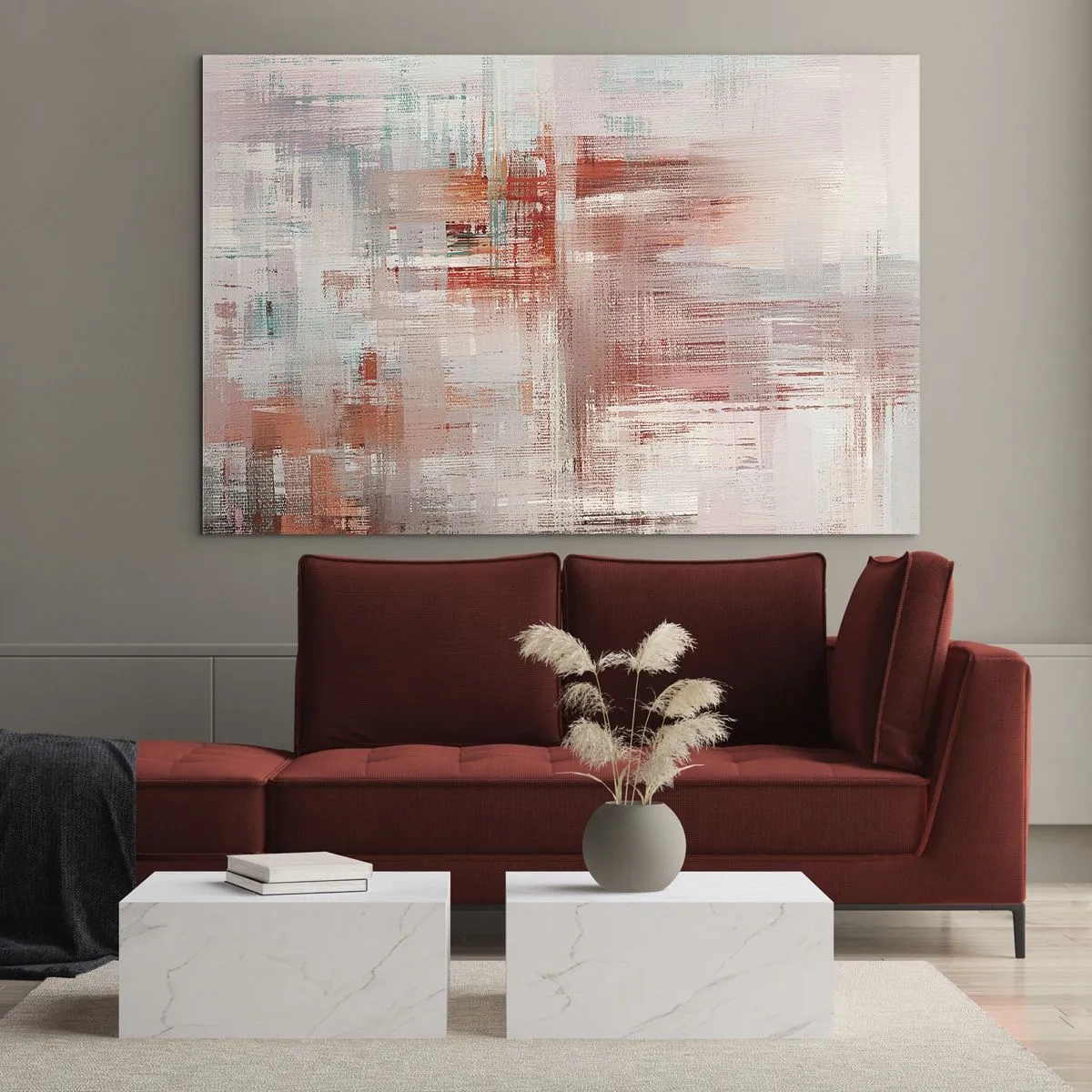 Quadro su vetro - Una composizione astratta nei toni del rosso e del beige. - 100x70cm - Nebbiose e rosate - Decorazione murale moderna per soggiorno e camera da letto ARTTOR