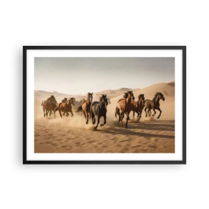 Poster in cornice nera - Cavalli al galoppo sullo sfondo del deserto - 70x50cm - Liberi come il vento - Decorazione murale moderna per soggiorno e camera da letto ARTTOR