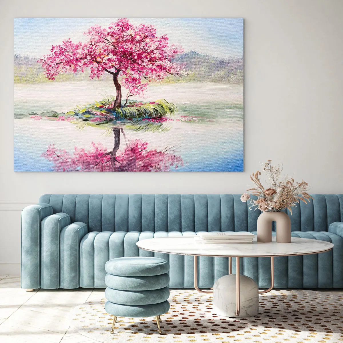 Quadro su vetro - Un albero rosa su un'isola riflesso nell'acqua calma - 100x70cm - La festa della primavera - Decorazione murale moderna per soggiorno e camera da letto ARTTOR
