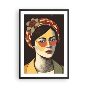 Poster in cornice nera - Ritratto stilizzato di una donna con turbante e accenti floreali - 50x70cm - Dama di corallo - Decorazione murale moderna per soggiorno e camera da letto ARTTOR