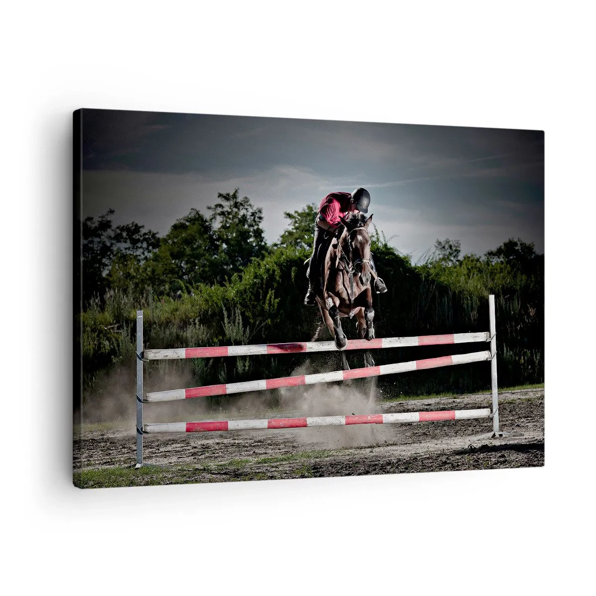 Quadro su tela - Stampe su Tela - Un cavaliere su un cavallo che salta un ostacolo su una pista da corsa - 70x50cm - Insieme fino alla vittoria - Decorazione murale moderna per soggiorno e camera da letto ARTTOR
