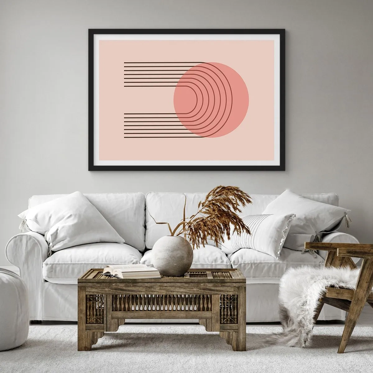 Poster in cornice nera - Motivo astratto con cerchio rosa e linee - 70x50cm - Attrazione irresistibile - Decorazione murale moderna per soggiorno e camera da letto ARTTOR