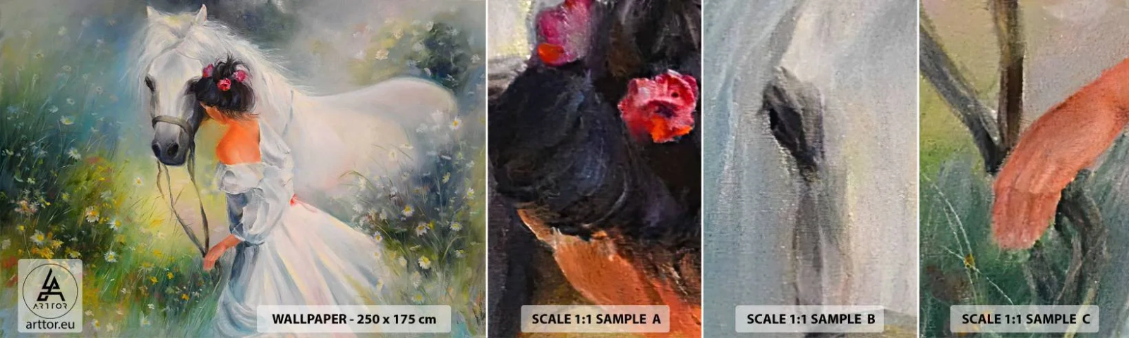 Campione Di Fotomurale Standard Eco - Come in un bel sogno - Donna, Cavallo, Prato - 100x30 cm