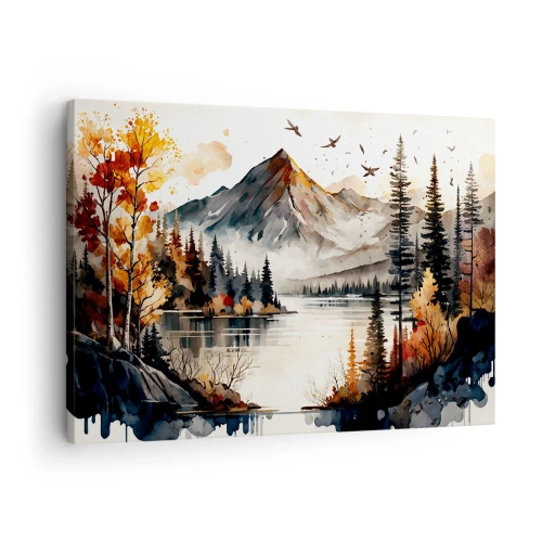 Quadro su tela - Stampe su Tela - Paesaggio montano autunnale con lago e alberi in acquerello - 70x50cm - L'autunno dorato sui monti - Decorazione murale moderna per soggiorno e camera da letto ARTTOR